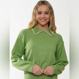 Knit Collared Sweater With Pearl Accents M Green Pullover Preppy Quiet Luxury